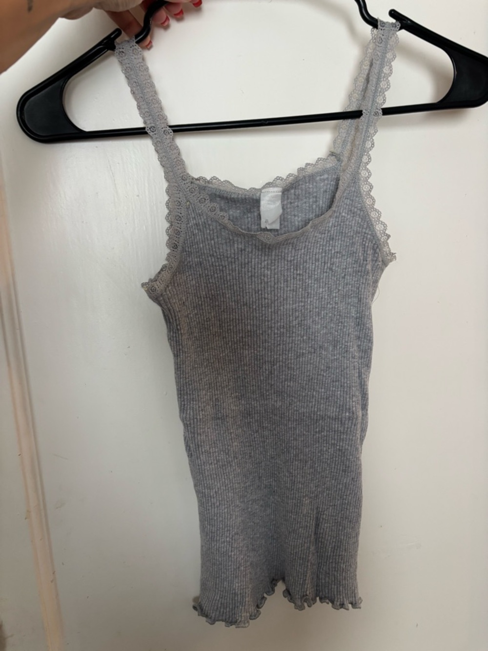 Vintage Grey Ribbed Lace-Trim Tank Top